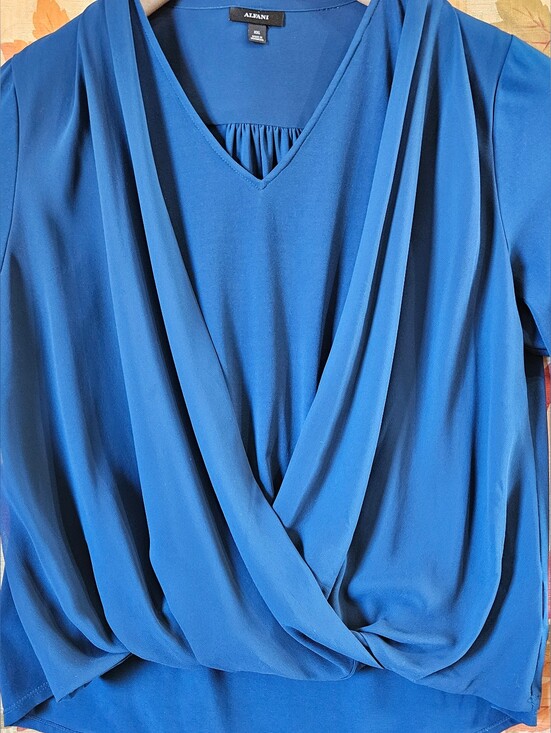 Tops - Alfani XXL Cobalt Blue Long Sleeve Draped V-Neck Top, Faux Wrap Elegant Blouse